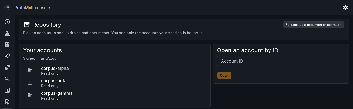 The console's Repository page signed in as alice: a Your accounts list with corpus-alpha, corpus-beta and corpus-gamma, each marked Read only, and an Open an account by ID form beside it.