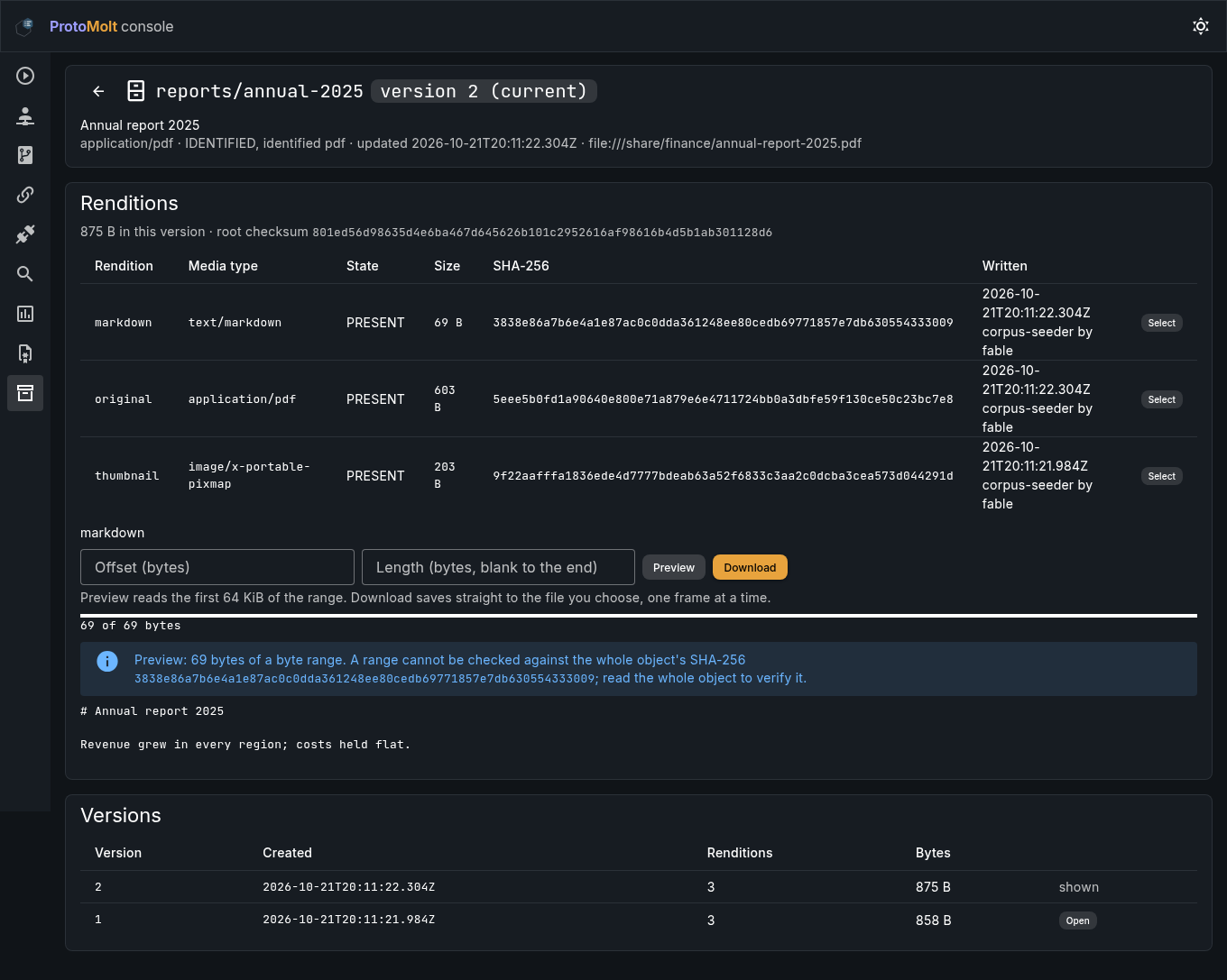 The console's archive entry page for reports/annual-2025 at version 2: a Renditions table with markdown, original and thumbnail renditions, a byte range preview of the markdown rendition, a note that a range cannot be checked against the whole object's SHA-256, and a Versions table.